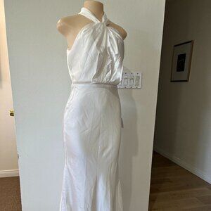 Lulus White Satin Midi Dress with Halter Neck Twist Front Size Small Bridal